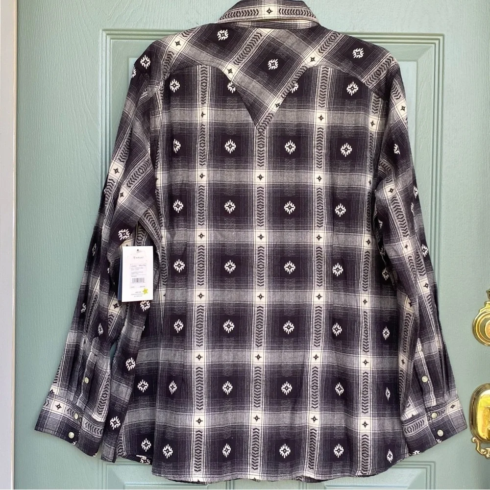 Women's ARIAT REAL Flannel Shirt Thunderstorm Plaid Aztec Dobby Size XXL Snap - Picture 5 of 6